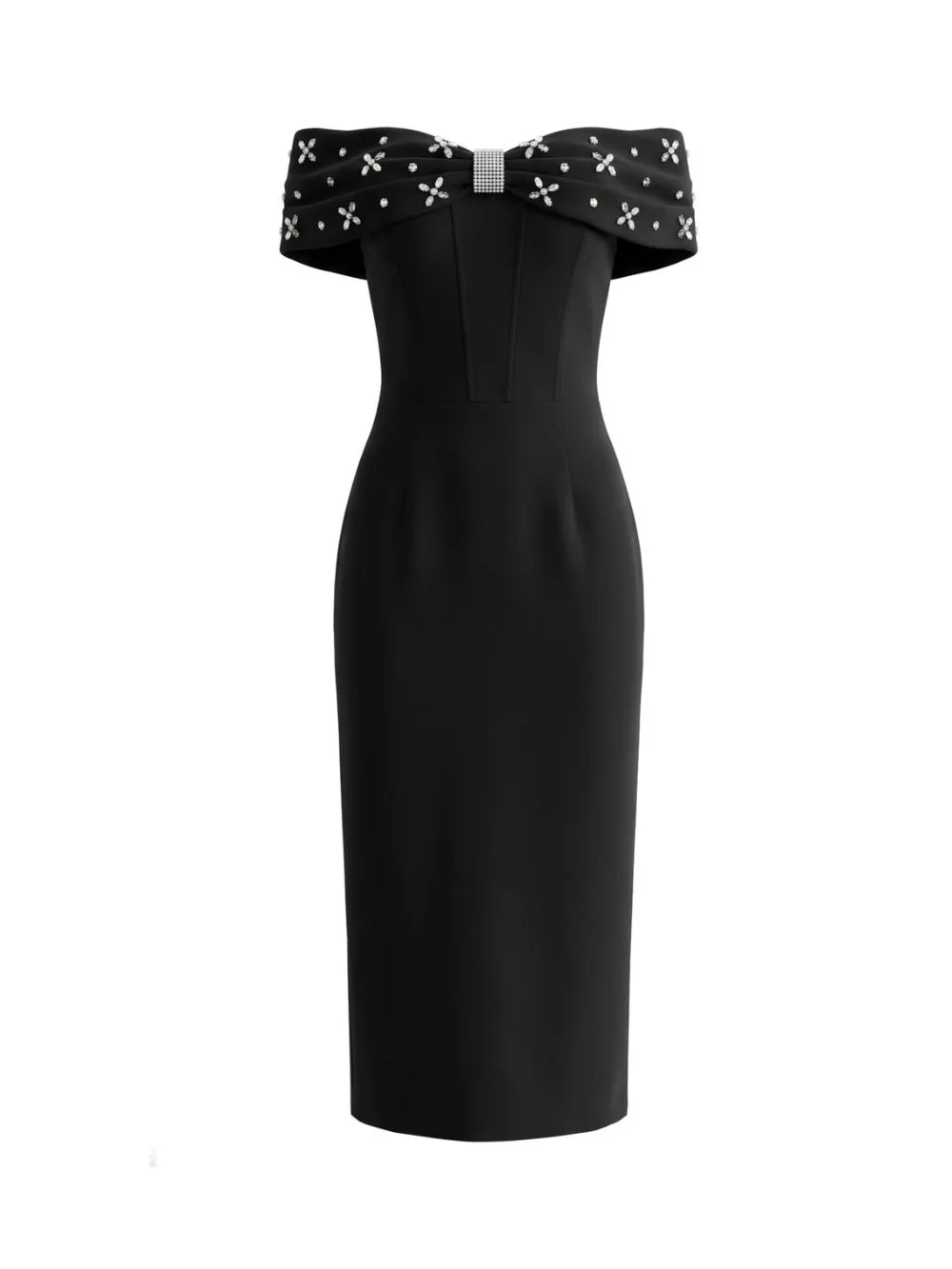 Crystal Embellished Draped Bardot Midi Dress Black - OWNCI
