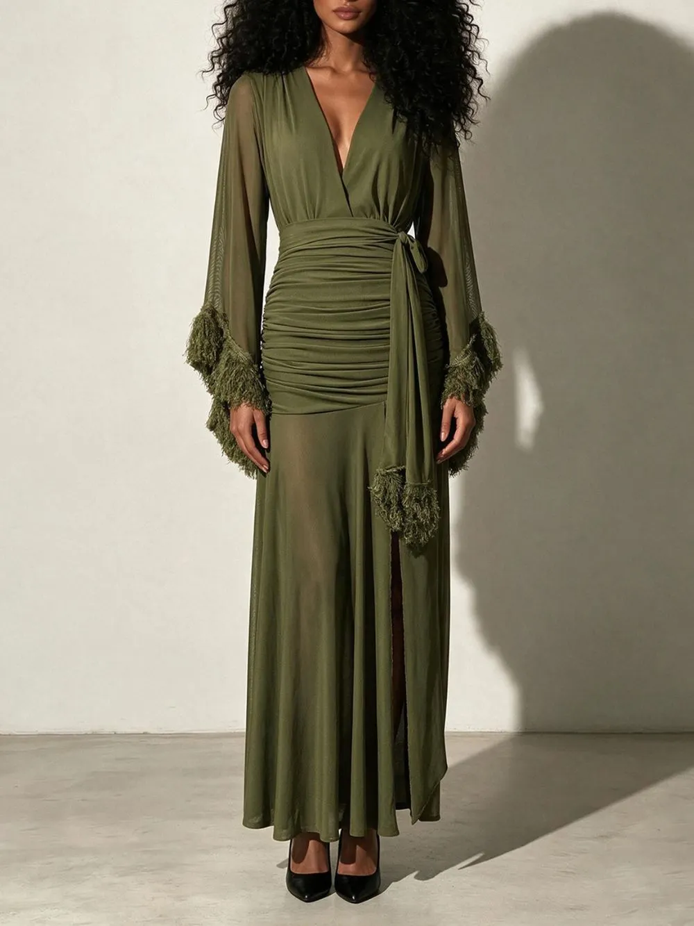 Murevia Plunge Neck Ruched Split Maxi Dress In Olive - OWNCI