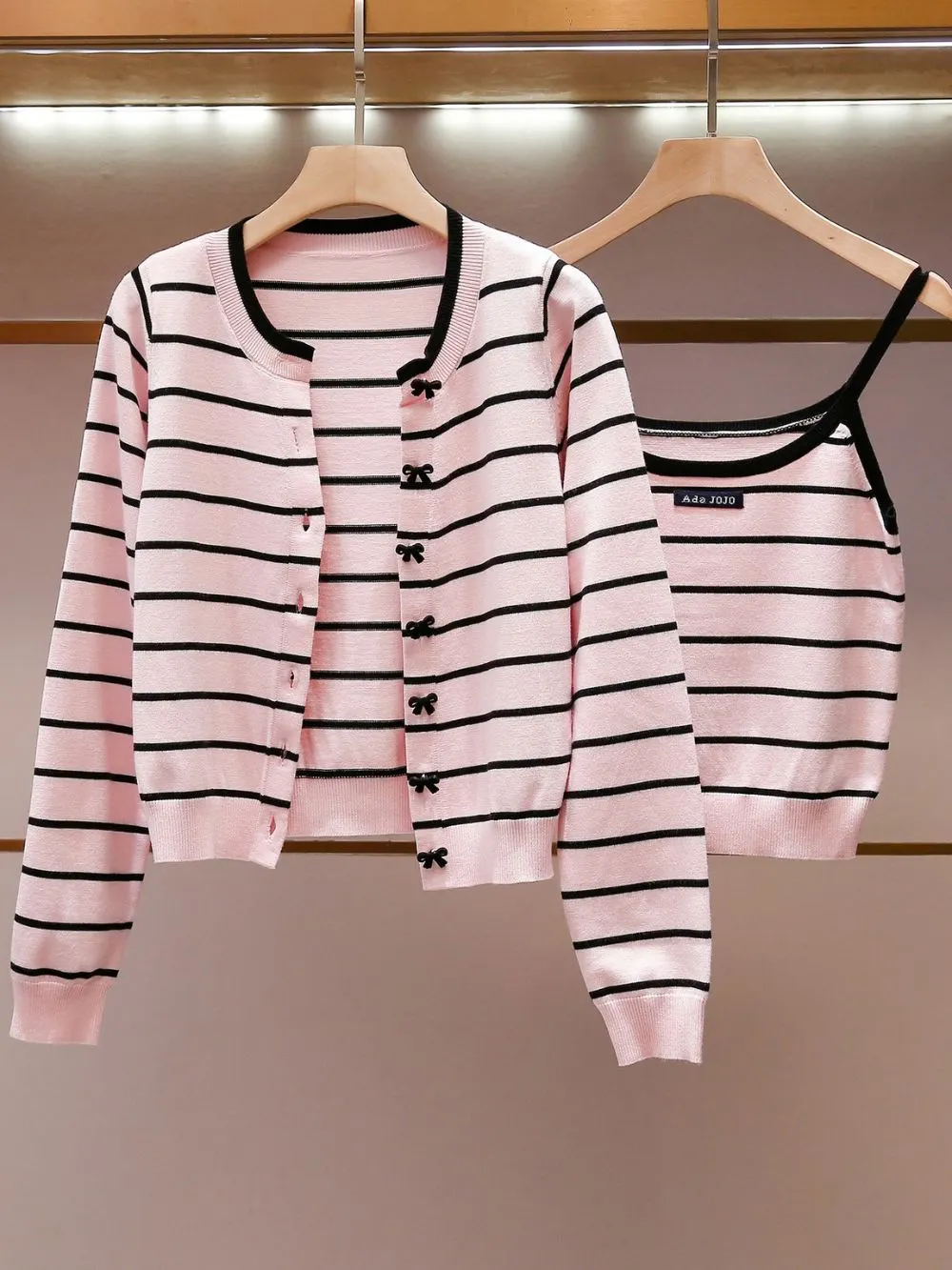 Miona Pink Stripe Cardigan & Tank Top Set - OWNCI Miona Pink Stripe Cardigan & Tank Top Set - OWNCI