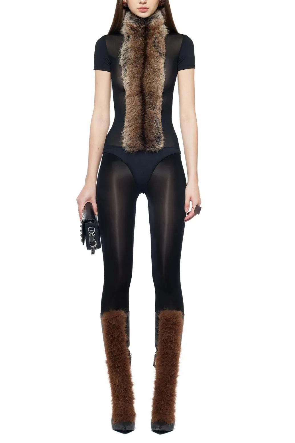Elma Furry Embellished Turtleneck Bodysuit In Black - OWNCI Elma Furry Embellished Turtleneck Bodysuit In Black - OWNCI