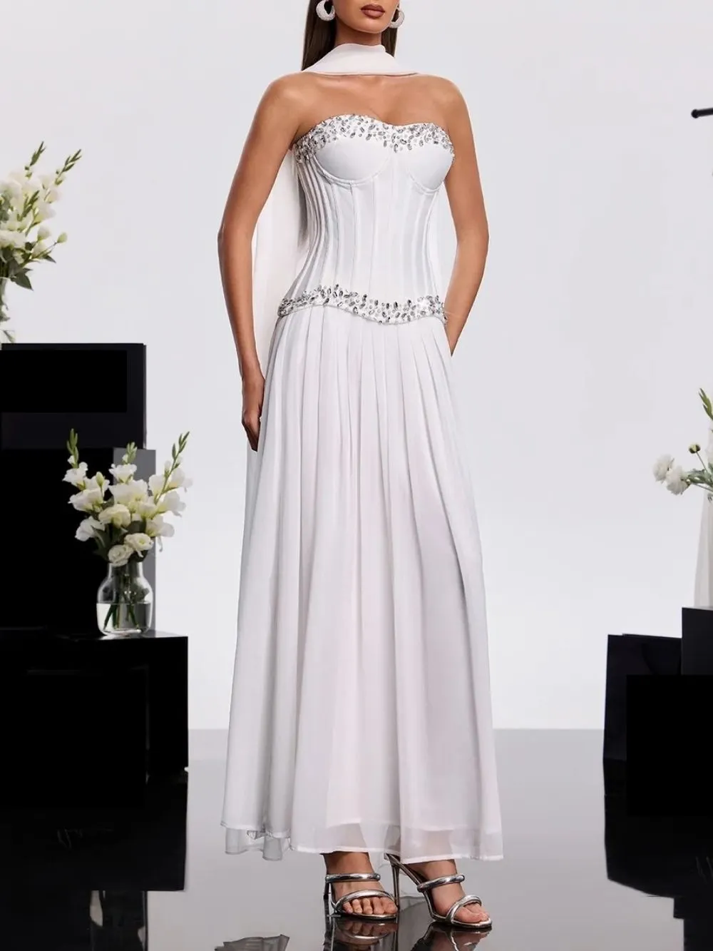 Zeldran Scarf Strapless Crystal Maxi Dress - OWNCI