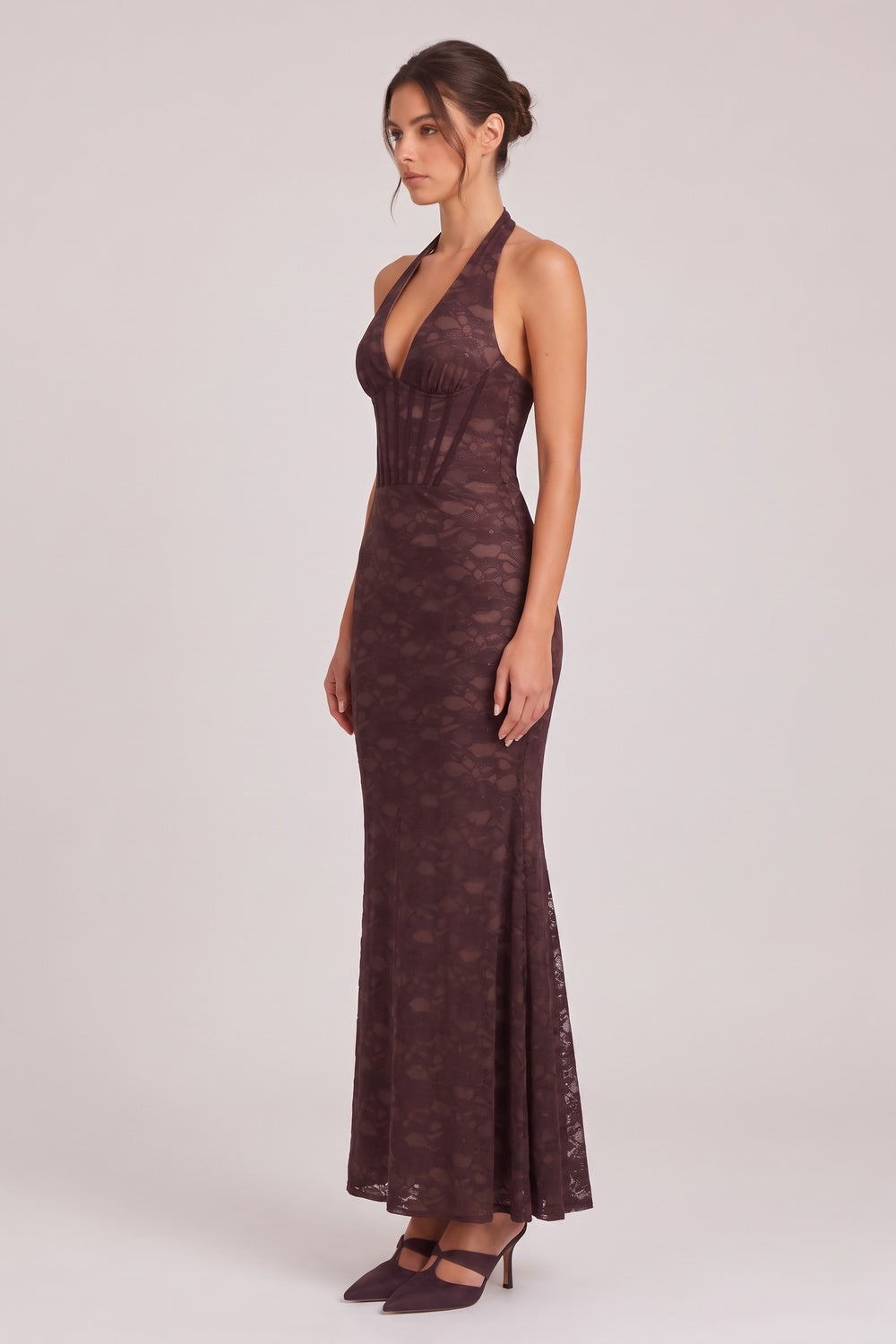 Dark Brown Floral Lace Mermaid Maxi Dress with Corset Bodice - OWNCI Dark Brown Floral Lace Mermaid Maxi Dress with Corset Bodice - OWNCI