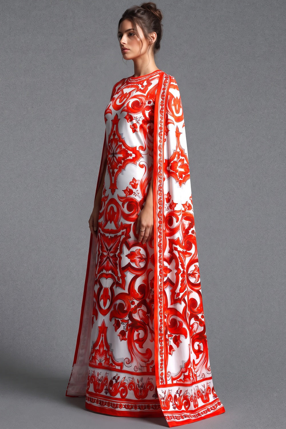 White Majolica Tile Print Cape Dress - OWNCI White Majolica Tile Print Cape Dress - OWNCI