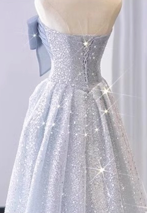 Silver-Blue Glitter Tulle A-Line Evening Gown - OWNCI