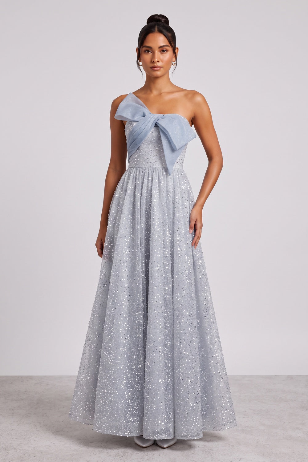 Silver-Blue Glitter Tulle A-Line Evening Gown - OWNCI