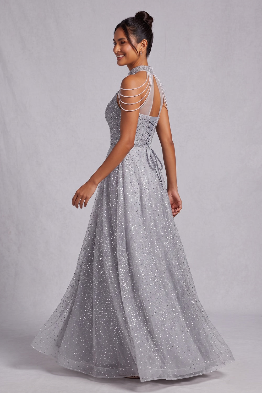 Silver Tulle A-Line Evening Gown - OWNCI Silver Tulle A-Line Evening Gown - OWNCI