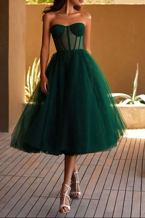 Emerald Green Strapless Puffy Midi Tulle Dress - OWNCI
