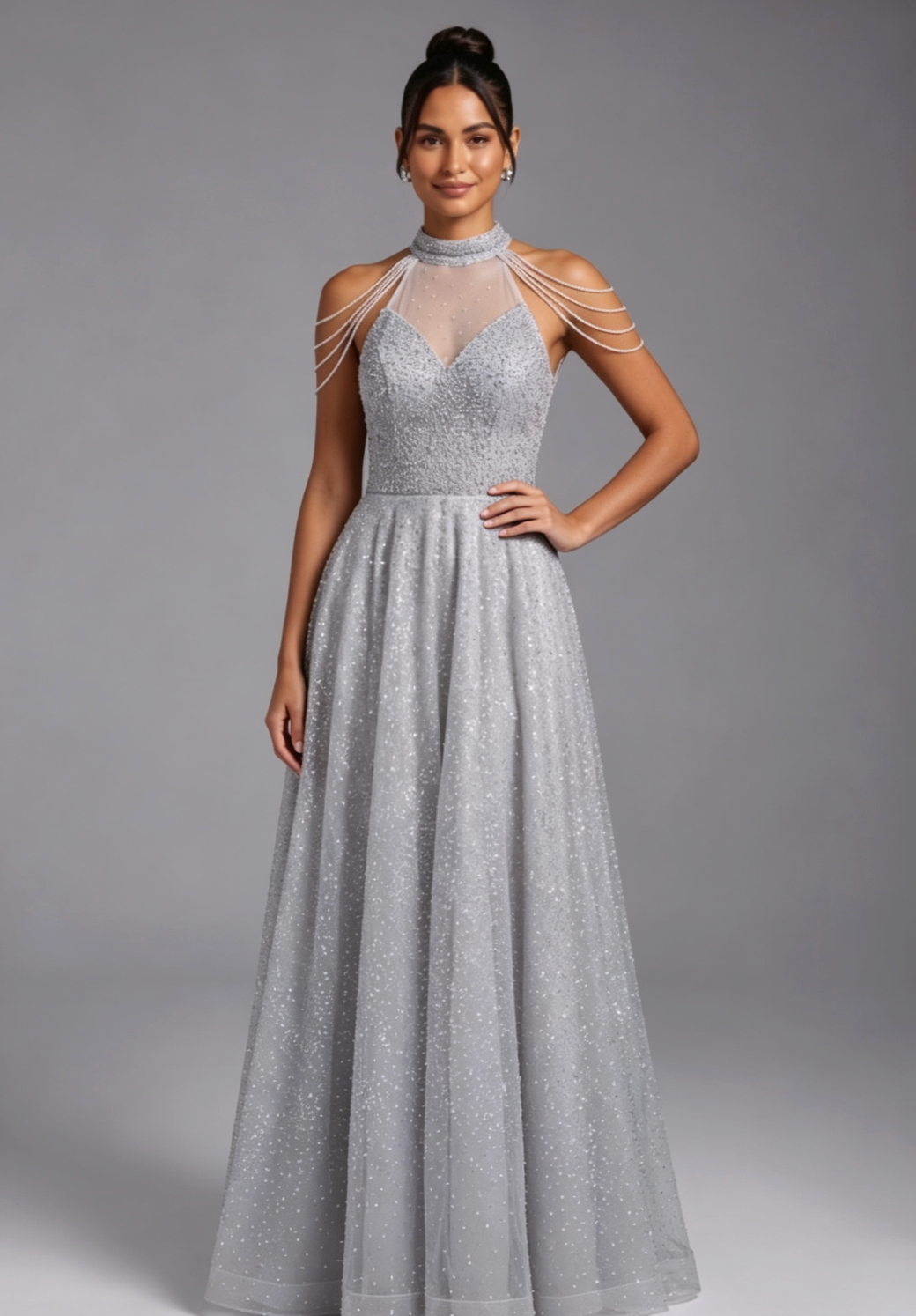 Silver Tulle A-Line Evening Gown - OWNCI Silver Tulle A-Line Evening Gown - OWNCI