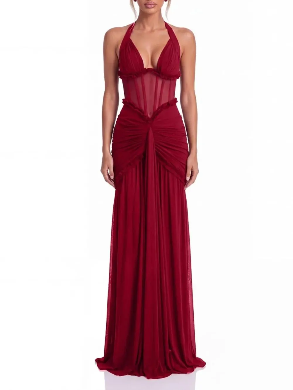 Liorqen Halterneck Ruched Maxi Dress - OWNCI