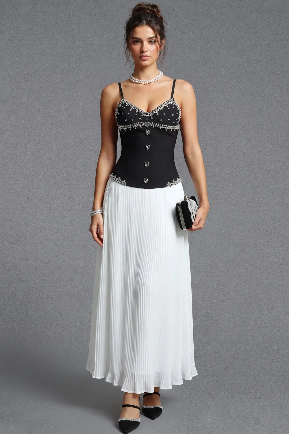 Black Embellished Corset Bodice and White Pleated Maxi Skirt Two-Piece Dress Set - OWNCI
