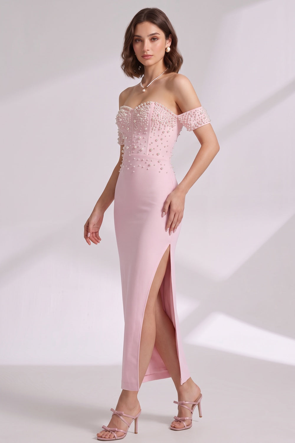 Light Pink Structured Crepe Sheath Dress with Pearl Embellishment - OWNCI Light Pink Structured Crepe Sheath Dress with Pearl Embellishment - OWNCI