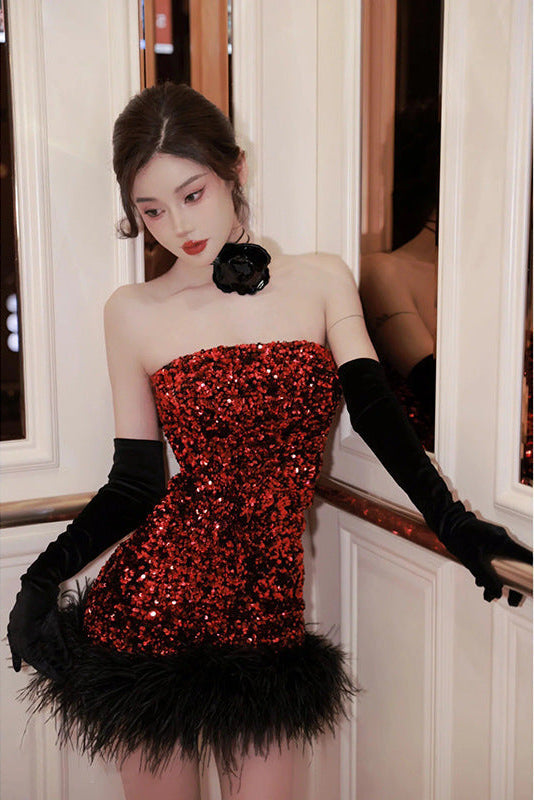 Quintina Sequin Feather Strapless Mini Dress In Red - OWNCI