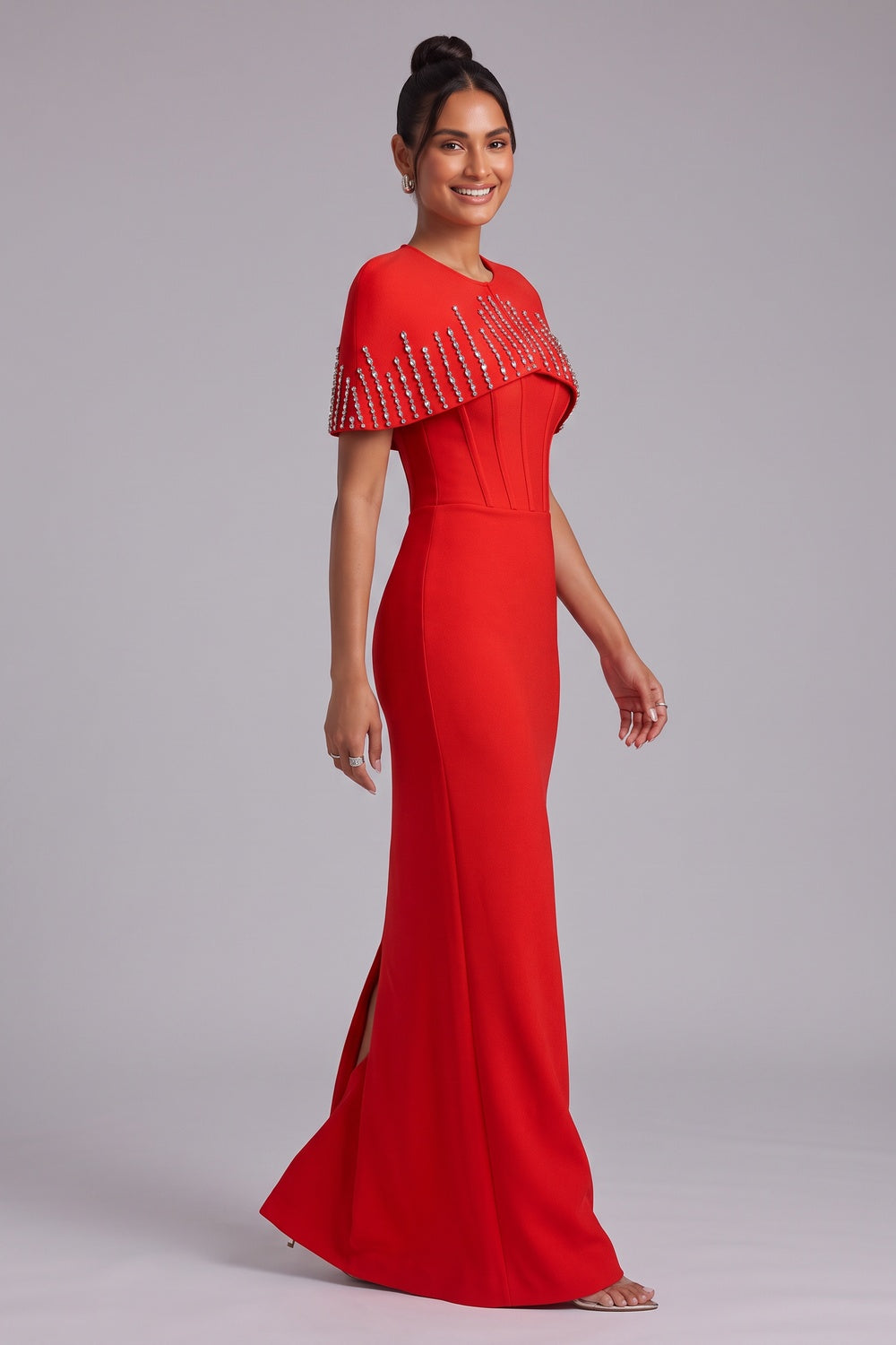 Bright Red Heavy Crepe Column Maxi Dress With Capelet - OWNCI Bright Red Heavy Crepe Column Maxi Dress With Capelet - OWNCI