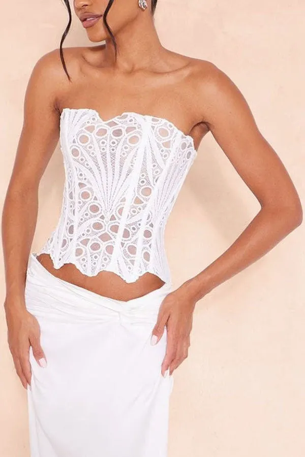 White Textured Sheer Floral Lace Corset - OWNCI White Textured Sheer Floral Lace Corset - OWNCI