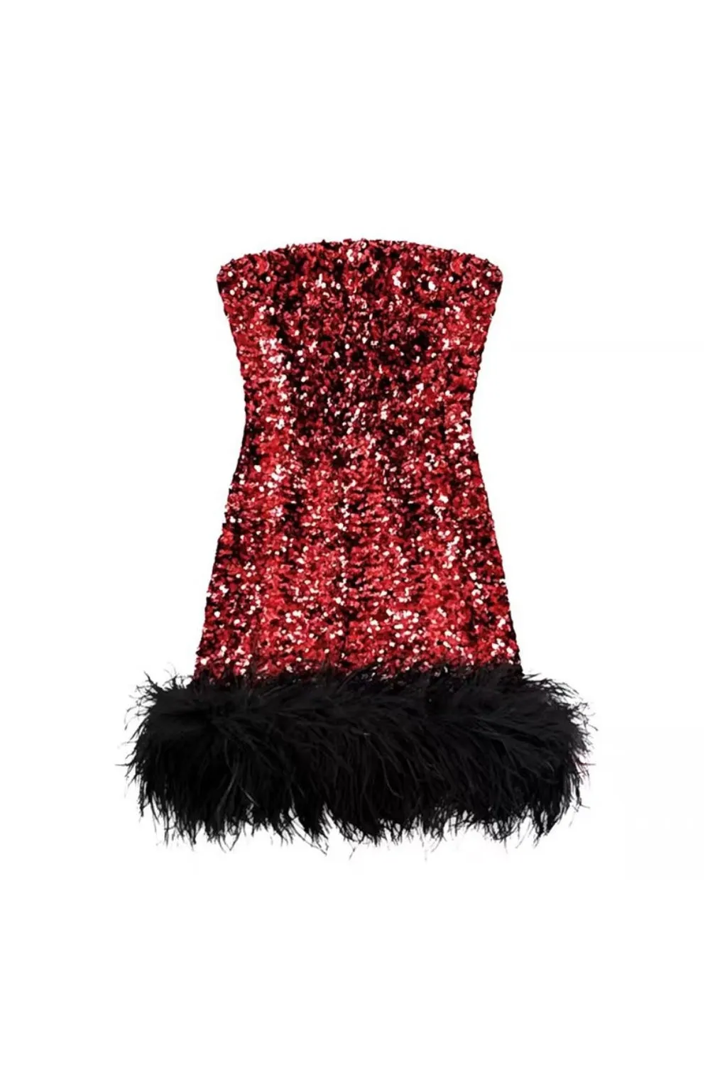 Quintina Sequin Feather Strapless Mini Dress In Red - OWNCI Quintina Sequin Feather Strapless Mini Dress In Red - OWNCI