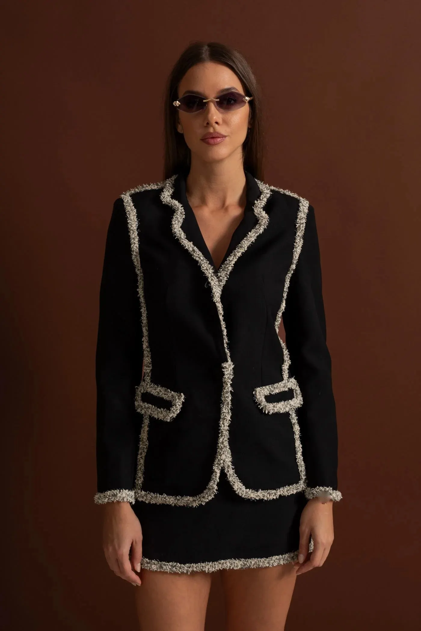 June Tweed Trim Blazer Matching Mini Skirt Set – Black - OWNCI June Tweed Trim Blazer Matching Mini Skirt Set – Black - OWNCI