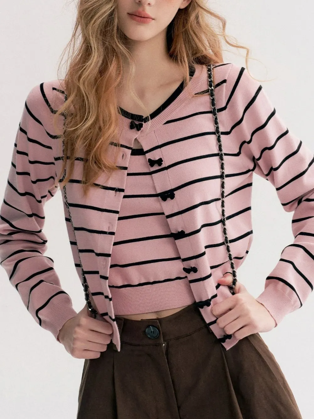 Miona Pink Stripe Cardigan & Tank Top Set - OWNCI