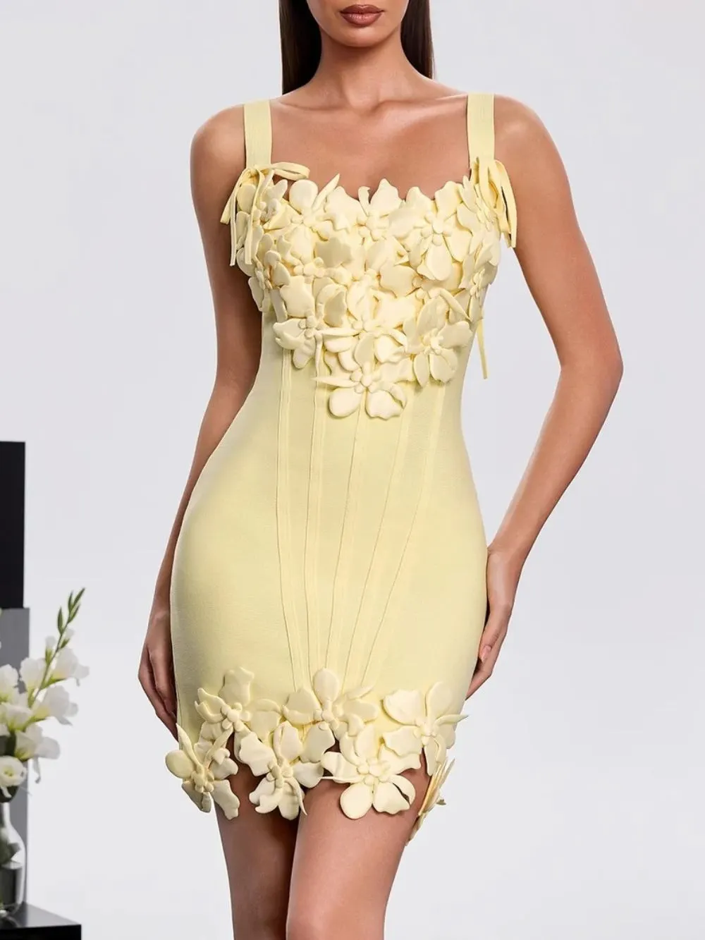 Hanh Sleeveless Flower Bandage Mini Dress - OWNCI