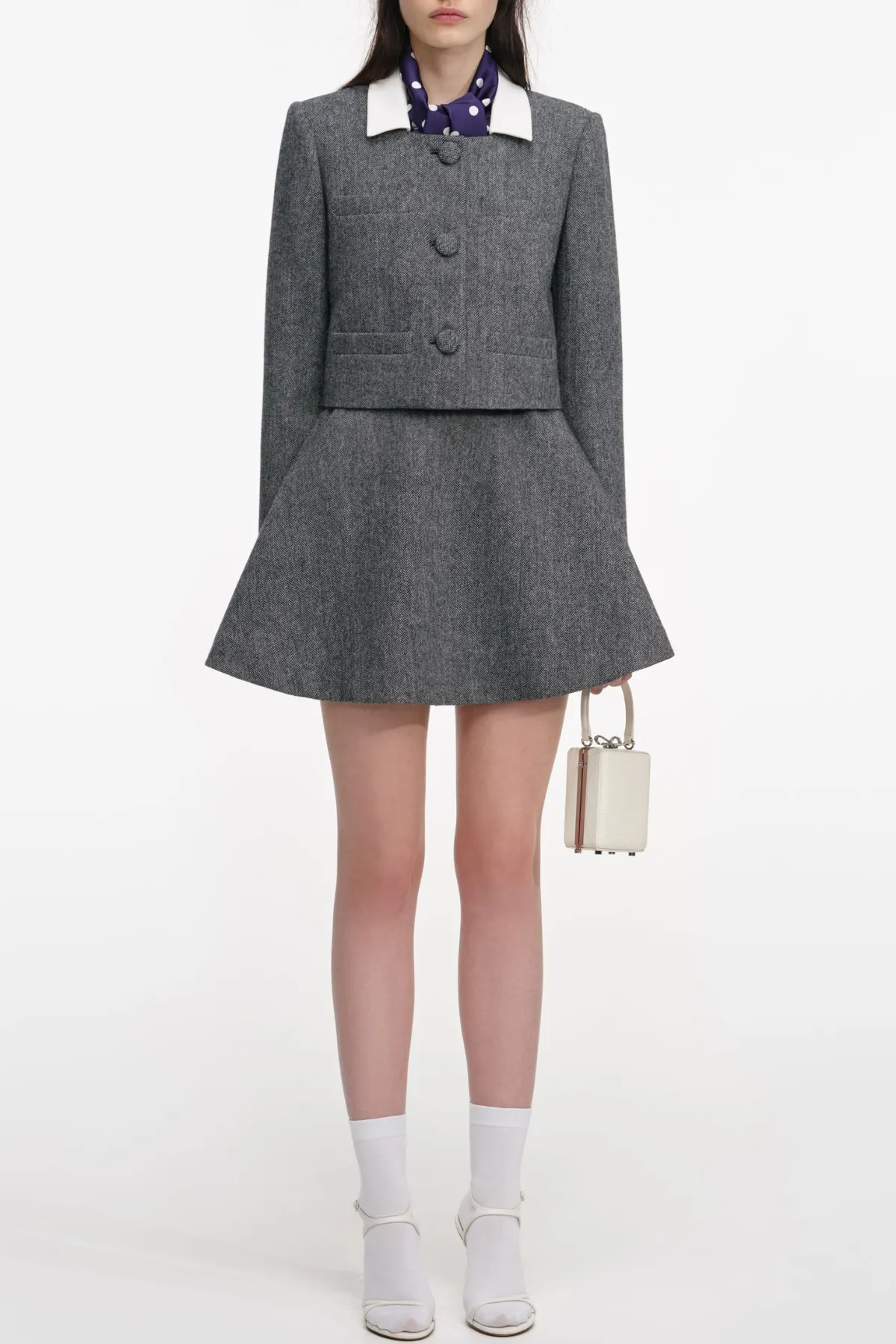 Euryda Herringbone Polka Dot Scarf Jacket - OWNCI Euryda Herringbone Polka Dot Scarf Jacket - OWNCI