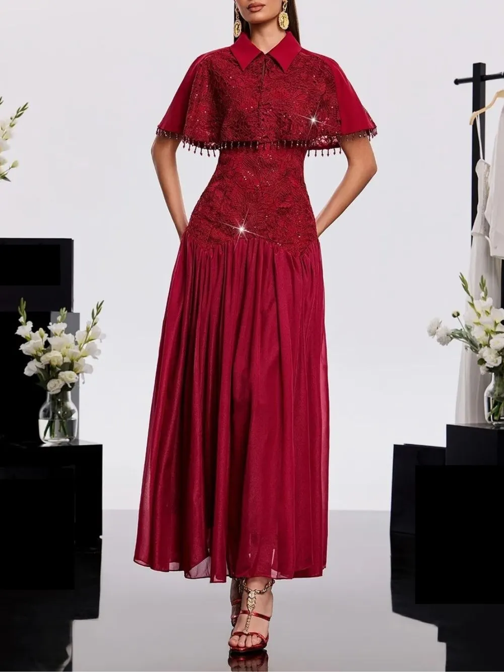 Hatice Cape Lace Dress In Wine - OWNCI Hatice Cape Lace Dress In Wine - OWNCI