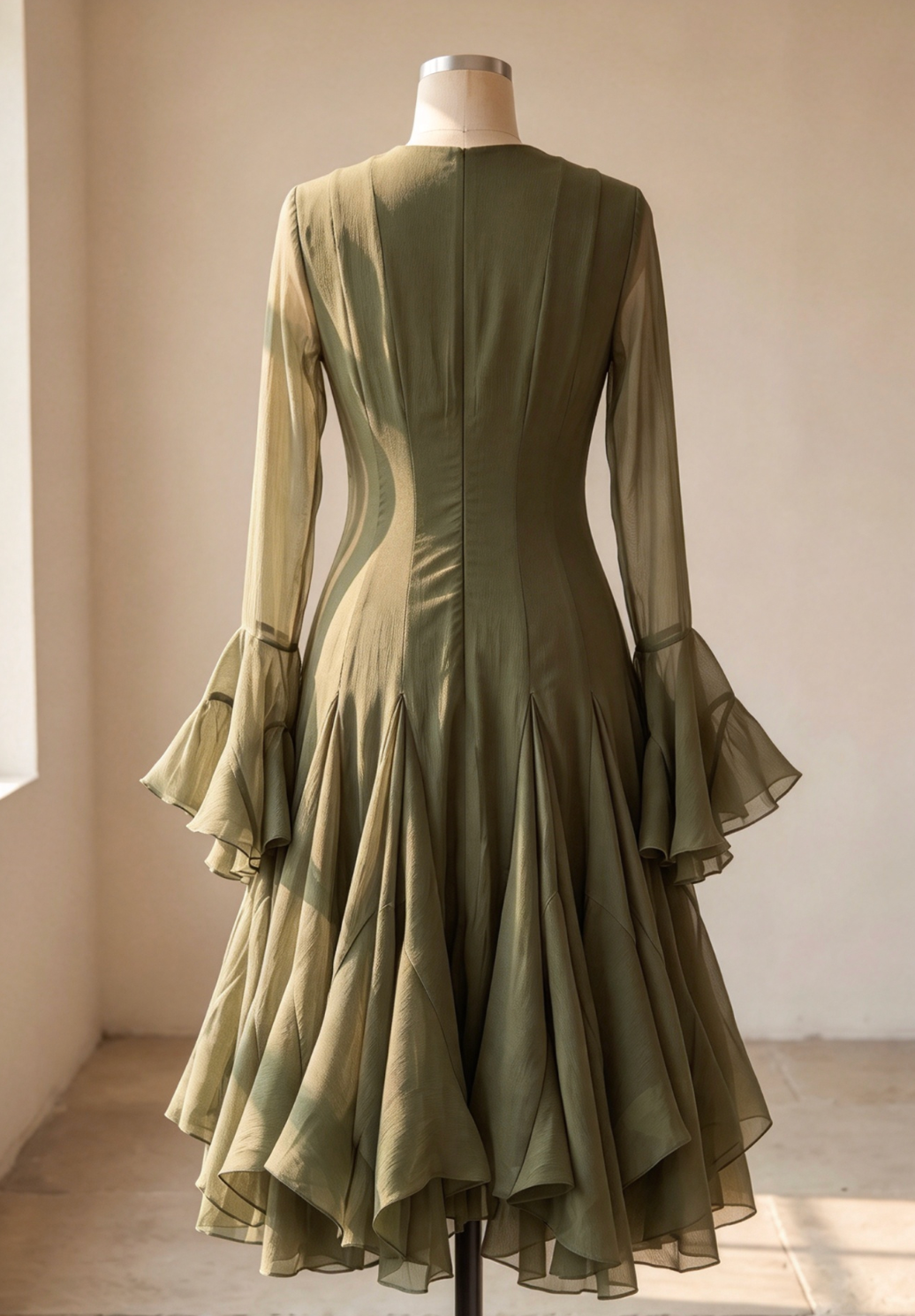 Olive Green Sheer Chiffon Fit-and-Flare Midi Dress - OWNCI Olive Green Sheer Chiffon Fit-and-Flare Midi Dress - OWNCI