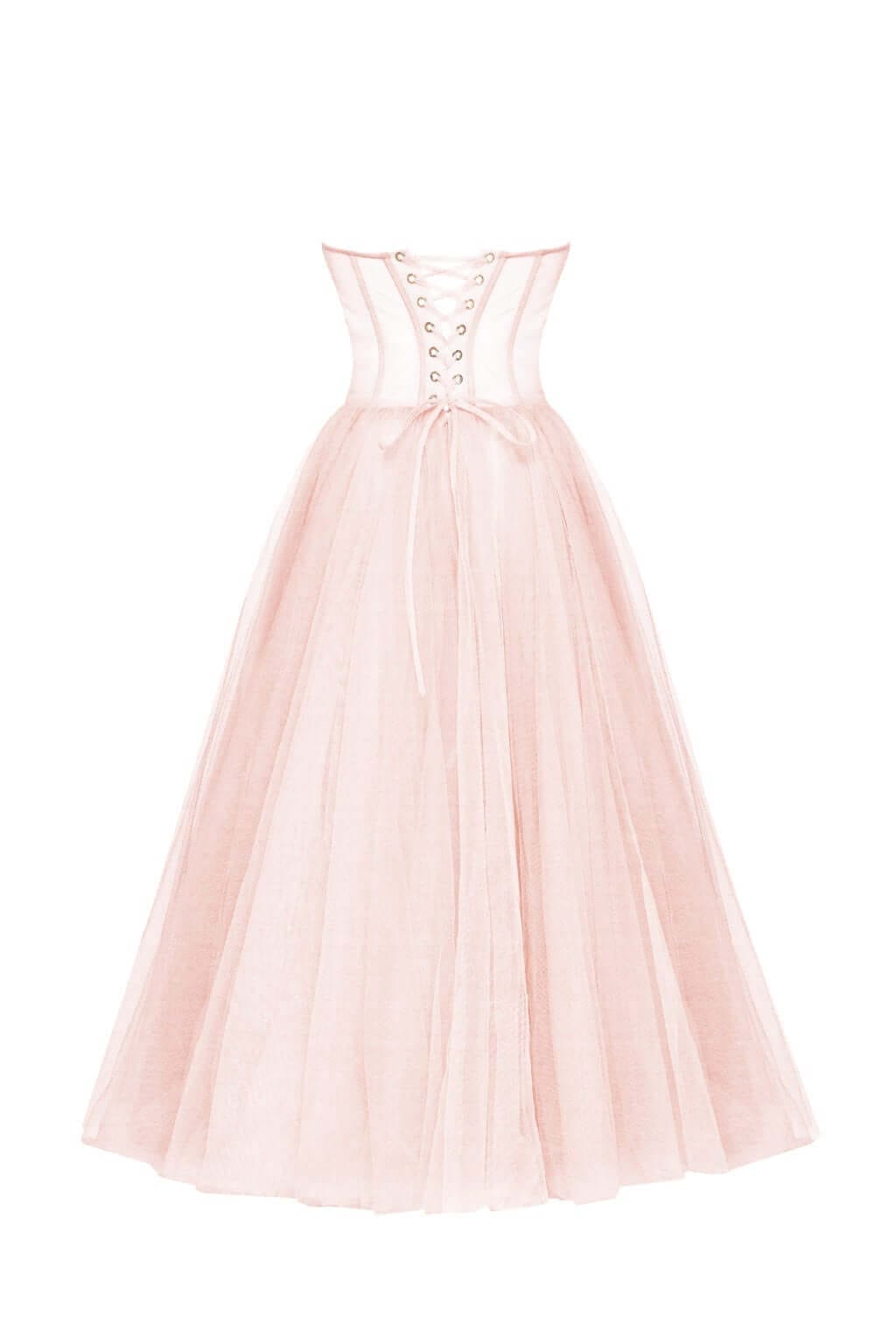 Misty Rose Strapless Puffy Midi Tulle Dress - OWNCI Misty Rose Strapless Puffy Midi Tulle Dress - OWNCI