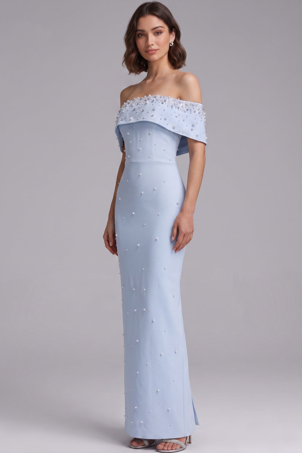 Light Blue Structured Crepe Column Gown with Pearl Embellishments - OWNCI Light Blue Structured Crepe Column Gown with Pearl Embellishments - OWNCI