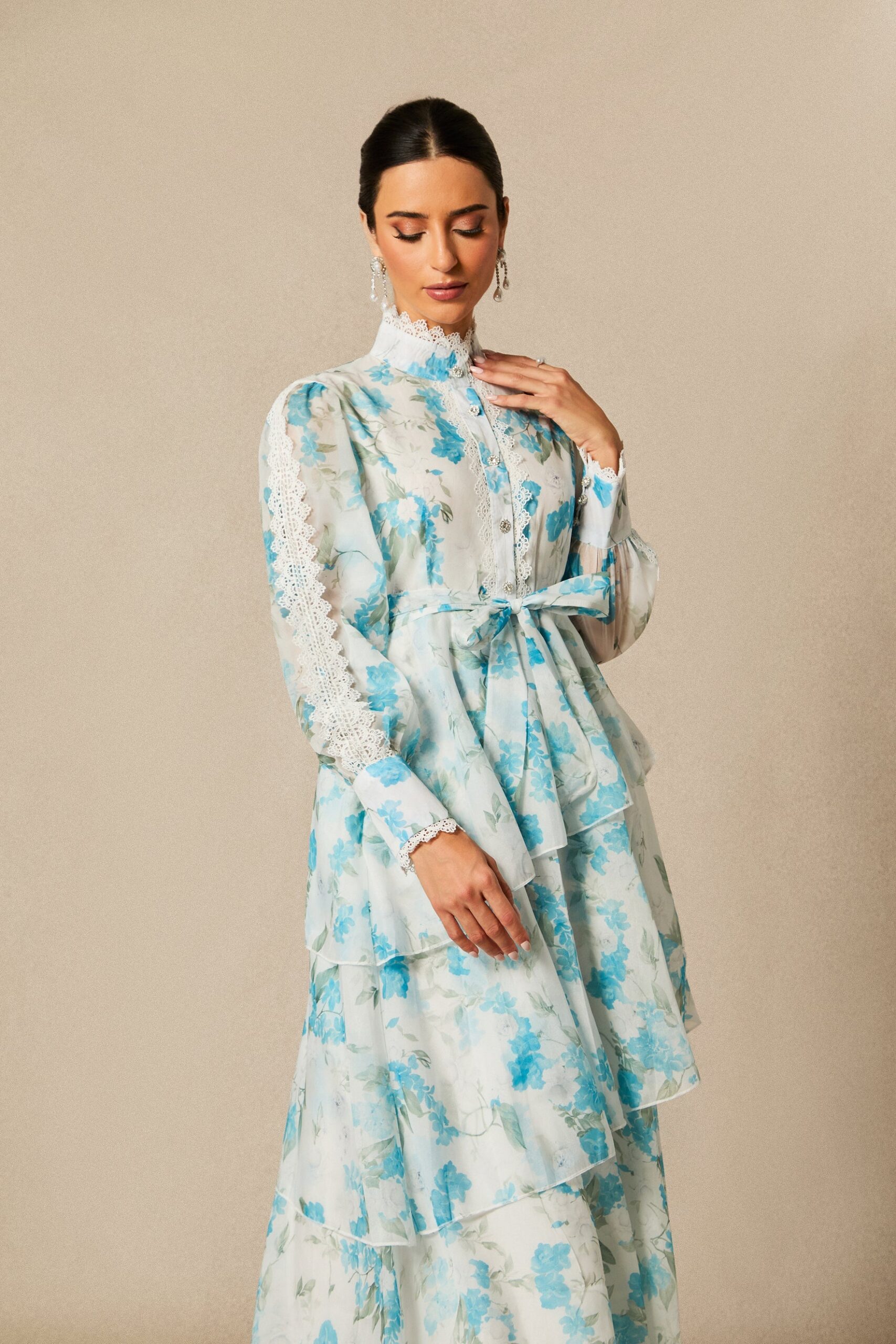 Nina Blue Chiffon Lace Trim Stand-Collar Dress With Layered Ruffles - OWNCI Nina Blue Chiffon Lace Trim Stand-Collar Dress With Layered Ruffles - OWNCI