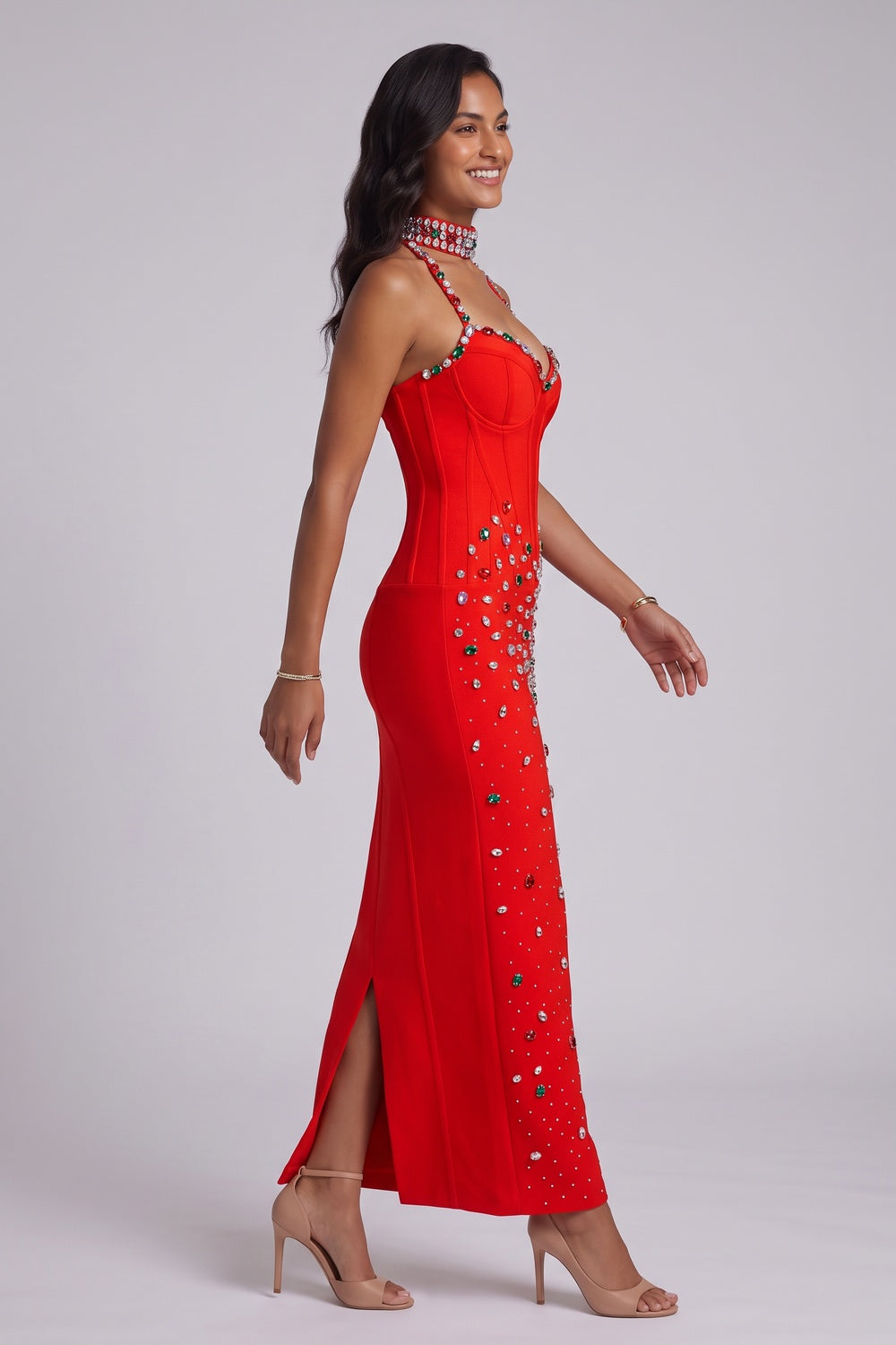 Red Crepe Sheath Dress with Embellished Halter Neck - OWNCI Red Crepe Sheath Dress with Embellished Halter Neck - OWNCI