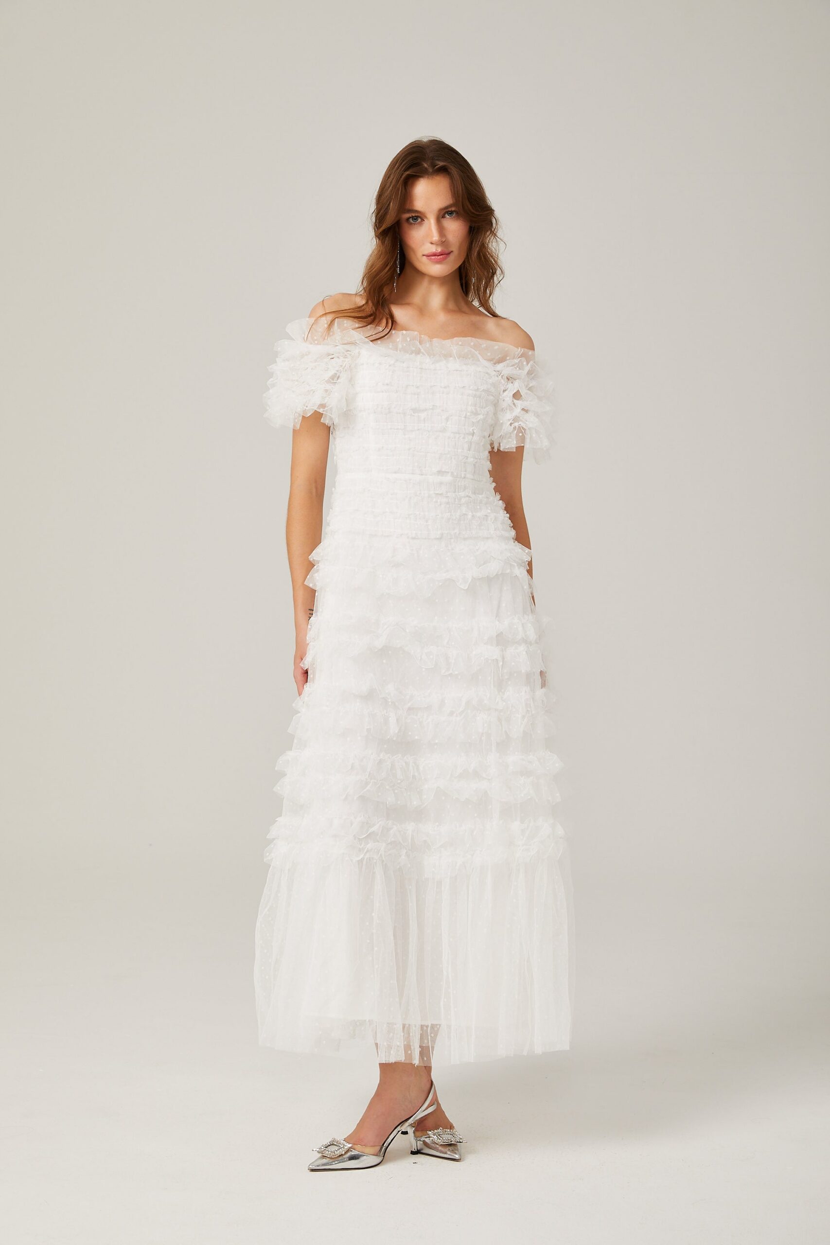 Joyce Ruffled Tulle Tiered Strapless Midi Dress In White - OWNCI Joyce Ruffled Tulle Tiered Strapless Midi Dress In White - OWNCI