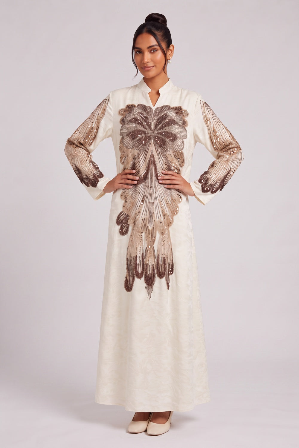 Cream Textured Crepe Or Raw Silk A-Line Kaftan Dress - OWNCI