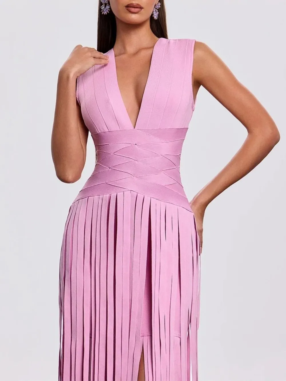Hasika V Neck Fringe Bandage Dress - OWNCI