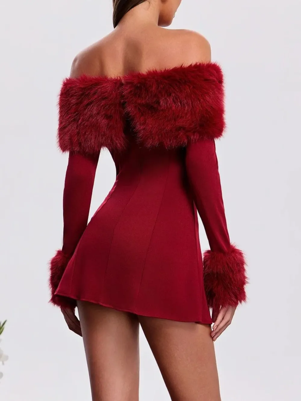 Aubelin Off Shoulder Faux Fur Mini Dress - OWNCI