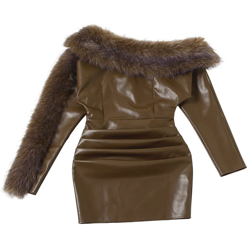 Sibyl Leather Fur Collar Asymmetrical Mini Dress In Brown - OWNCI Sibyl Leather Fur Collar Asymmetrical Mini Dress In Brown - OWNCI