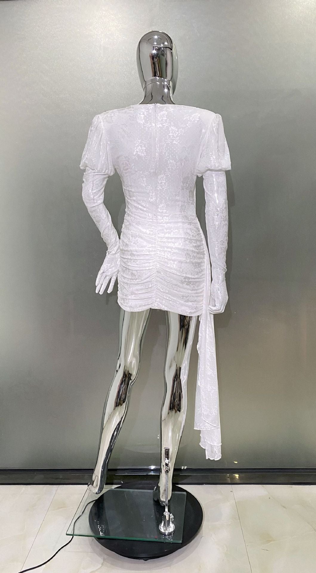 Dariel Floral Jacquard Cutout Draped Mini Dress – White - OWNCI Dariel Floral Jacquard Cutout Draped Mini Dress – White - OWNCI