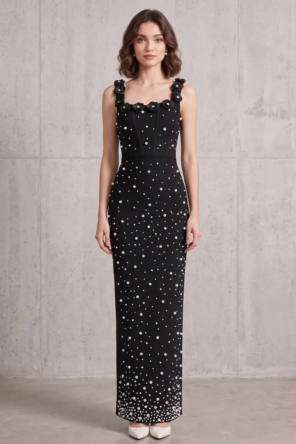 Black Heavyweight Stretch Knit Column Maxi Dress with Pearl Embellishments - OWNCI Black Heavyweight Stretch Knit Column Maxi Dress with Pearl Embellishments - OWNCI