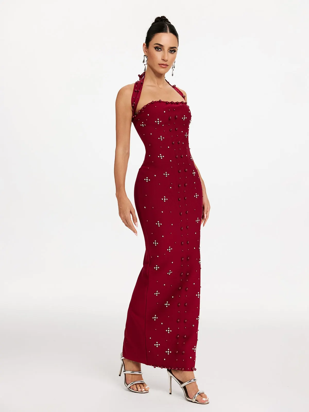 Elvira Halterneck Pearl Bandage Midi Dress In Red - OWNCI Elvira Halterneck Pearl Bandage Midi Dress In Red - OWNCI