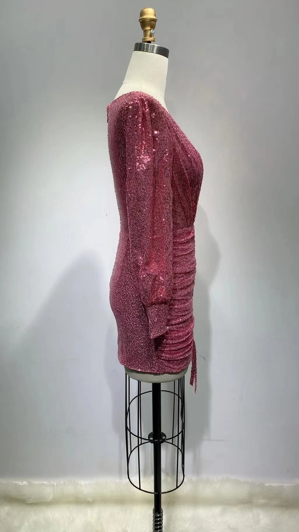 Zenobia Ruched Cut Out Sequin Mini Dress In Pink - OWNCI Zenobia Ruched Cut Out Sequin Mini Dress In Pink - OWNCI
