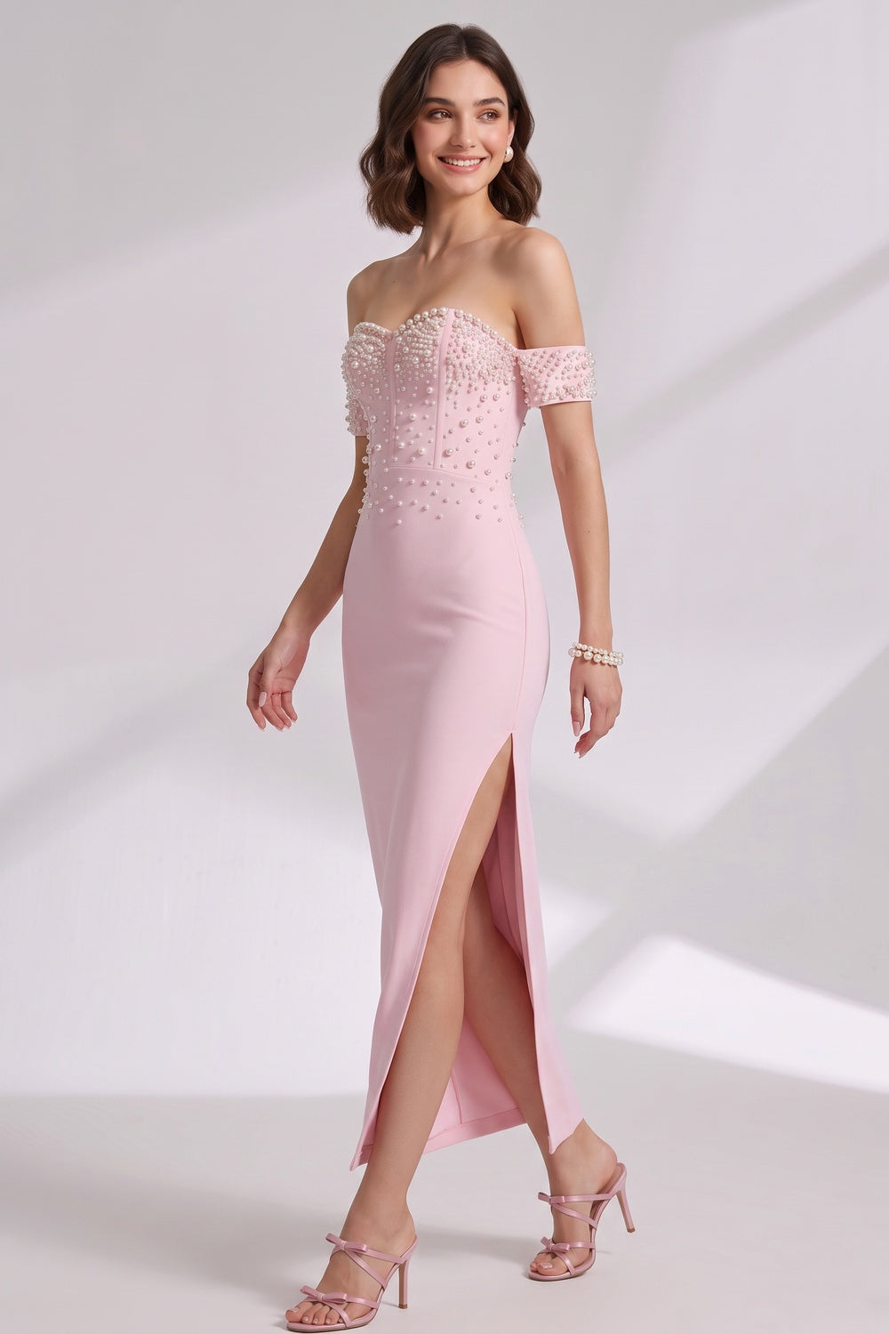Light Pink Structured Crepe Sheath Dress with Pearl Embellishment - OWNCI Light Pink Structured Crepe Sheath Dress with Pearl Embellishment - OWNCI