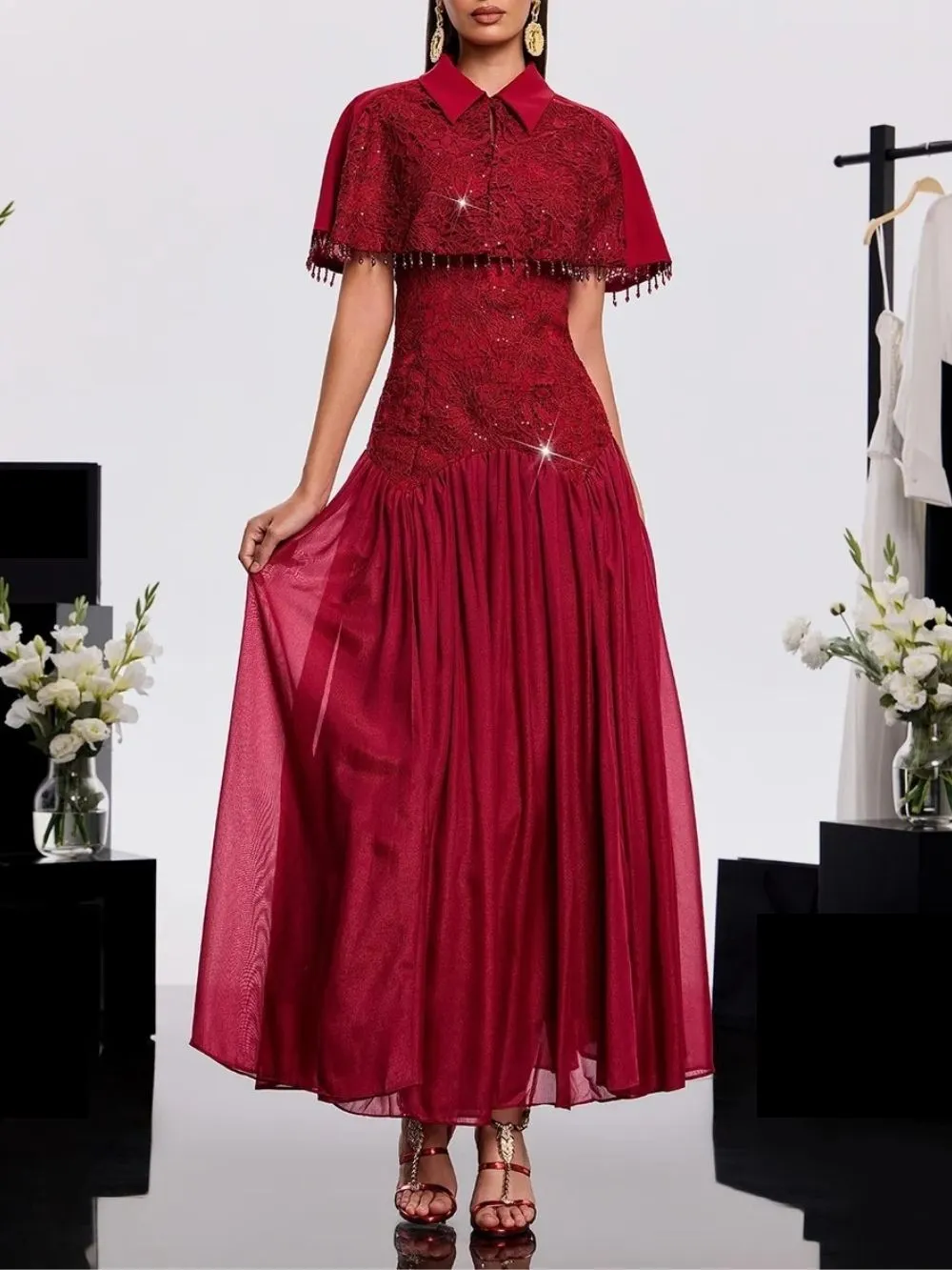 Hatice Cape Lace Dress In Wine - OWNCI Hatice Cape Lace Dress In Wine - OWNCI