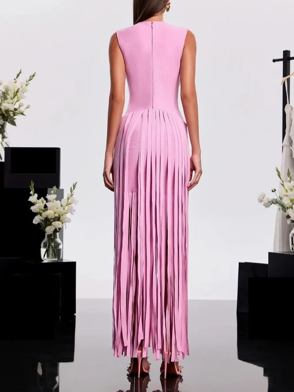 Hasika V Neck Fringe Bandage Dress - OWNCI
