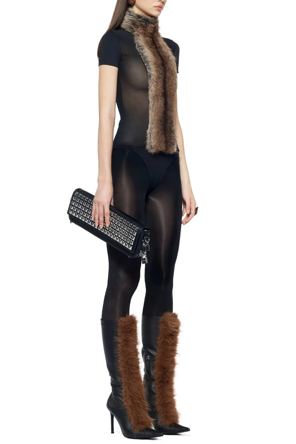 Elma Furry Embellished Turtleneck Bodysuit In Black - OWNCI
