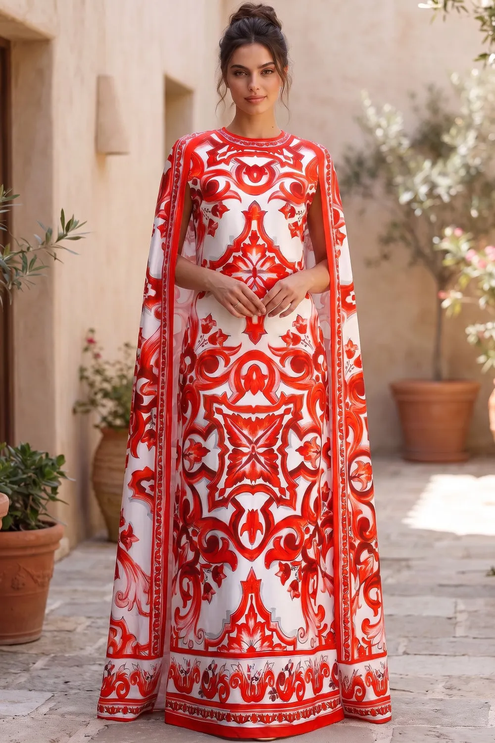 White Majolica Tile Print Cape Dress - OWNCI
