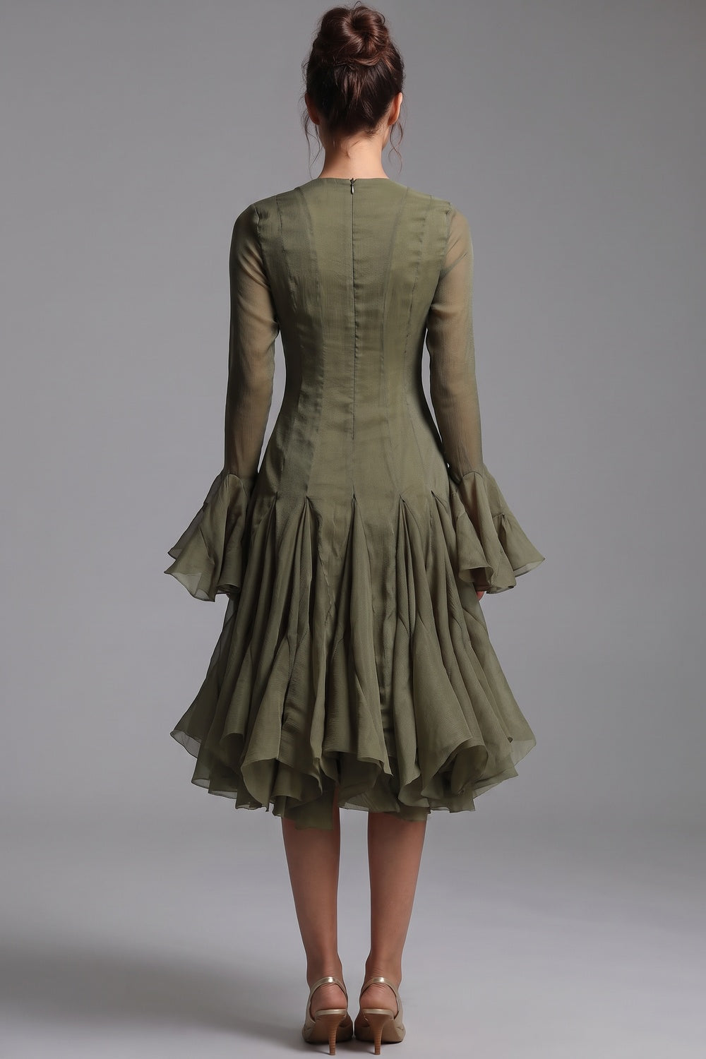 Olive Green Sheer Chiffon Fit-and-Flare Midi Dress - OWNCI Olive Green Sheer Chiffon Fit-and-Flare Midi Dress - OWNCI