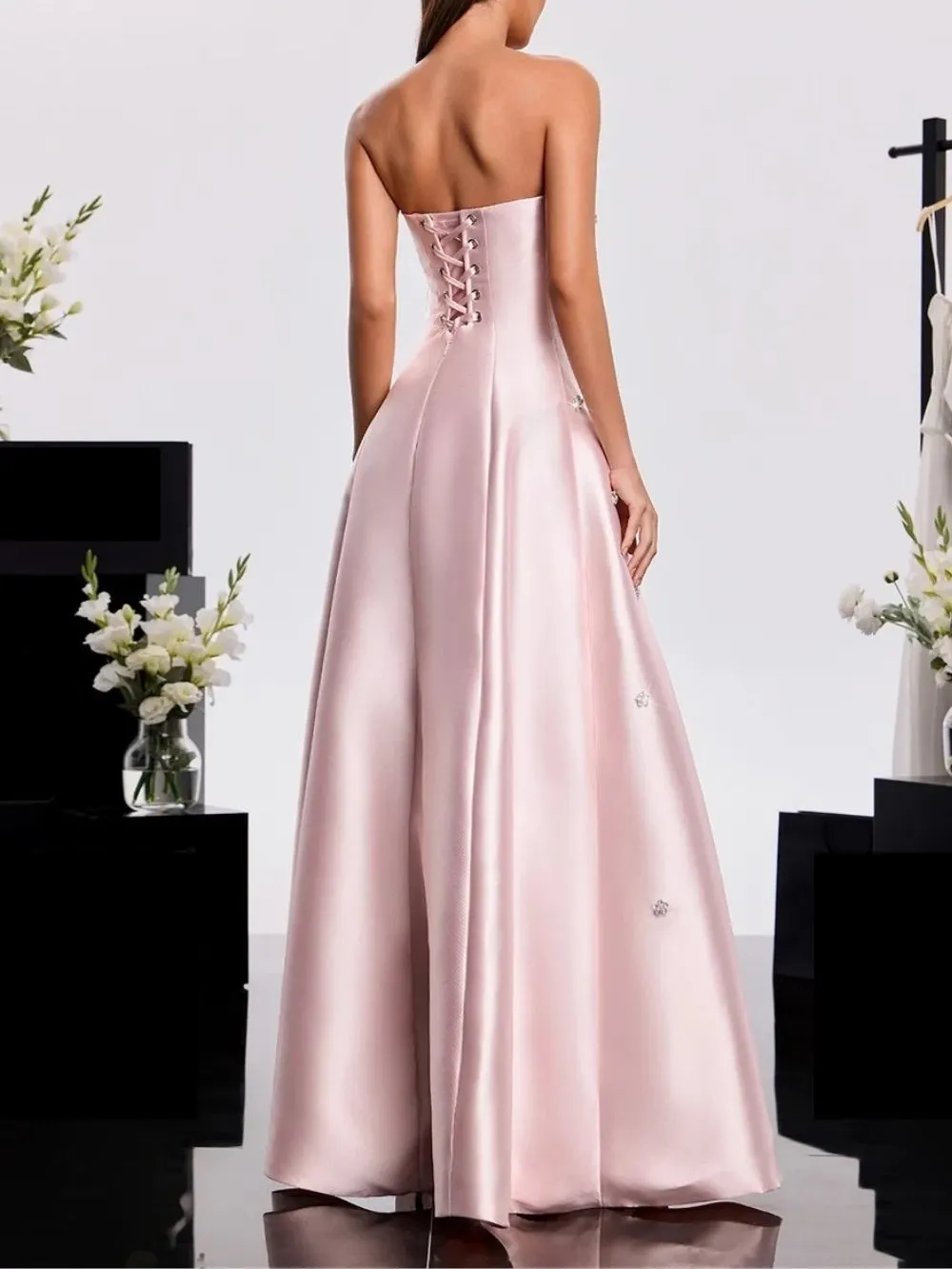 Harumi Strapless Rhinestone Satin Dress - OWNCI