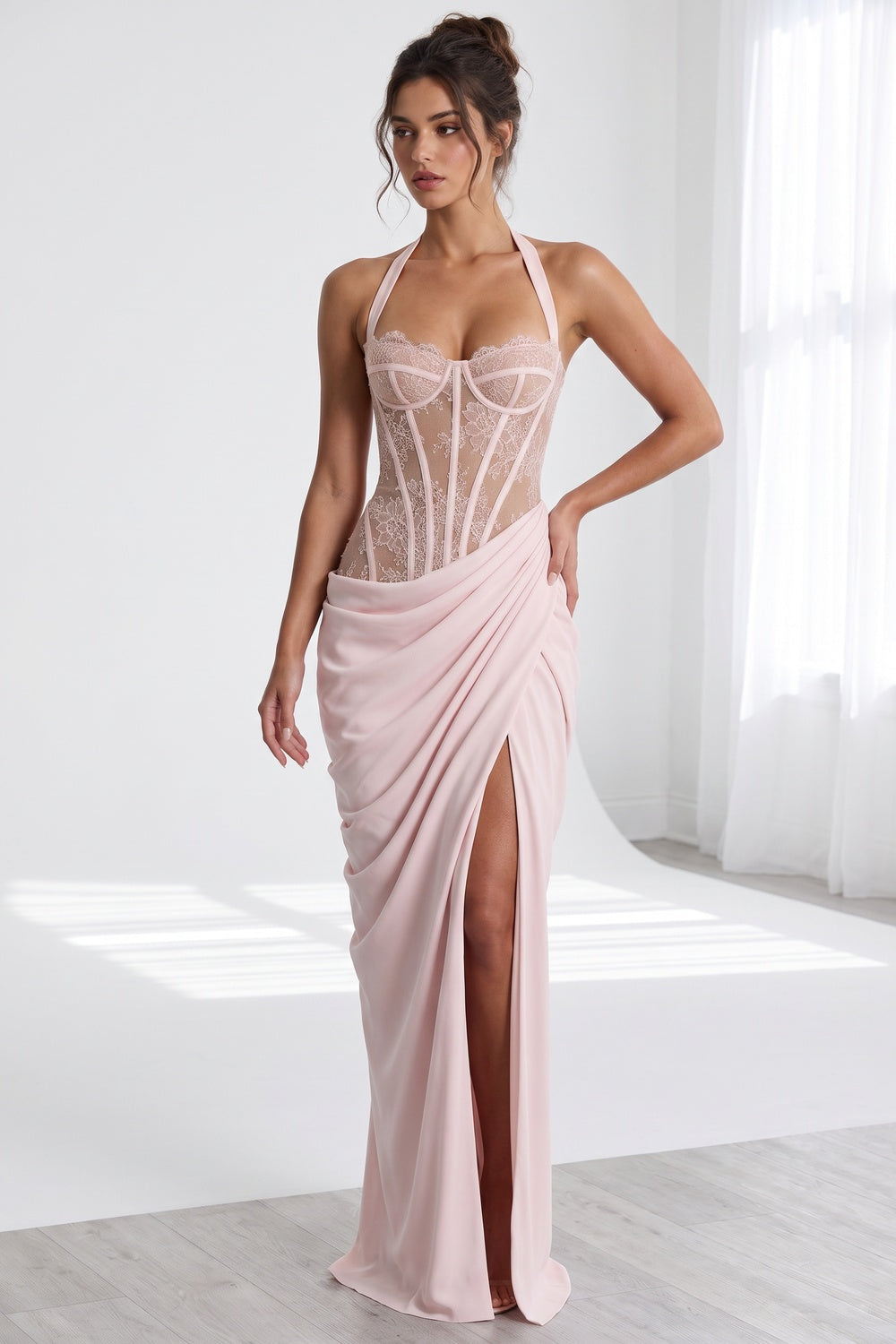 Pale Pink Crepe Draped Column With Corset Bodice Gown - OWNCI