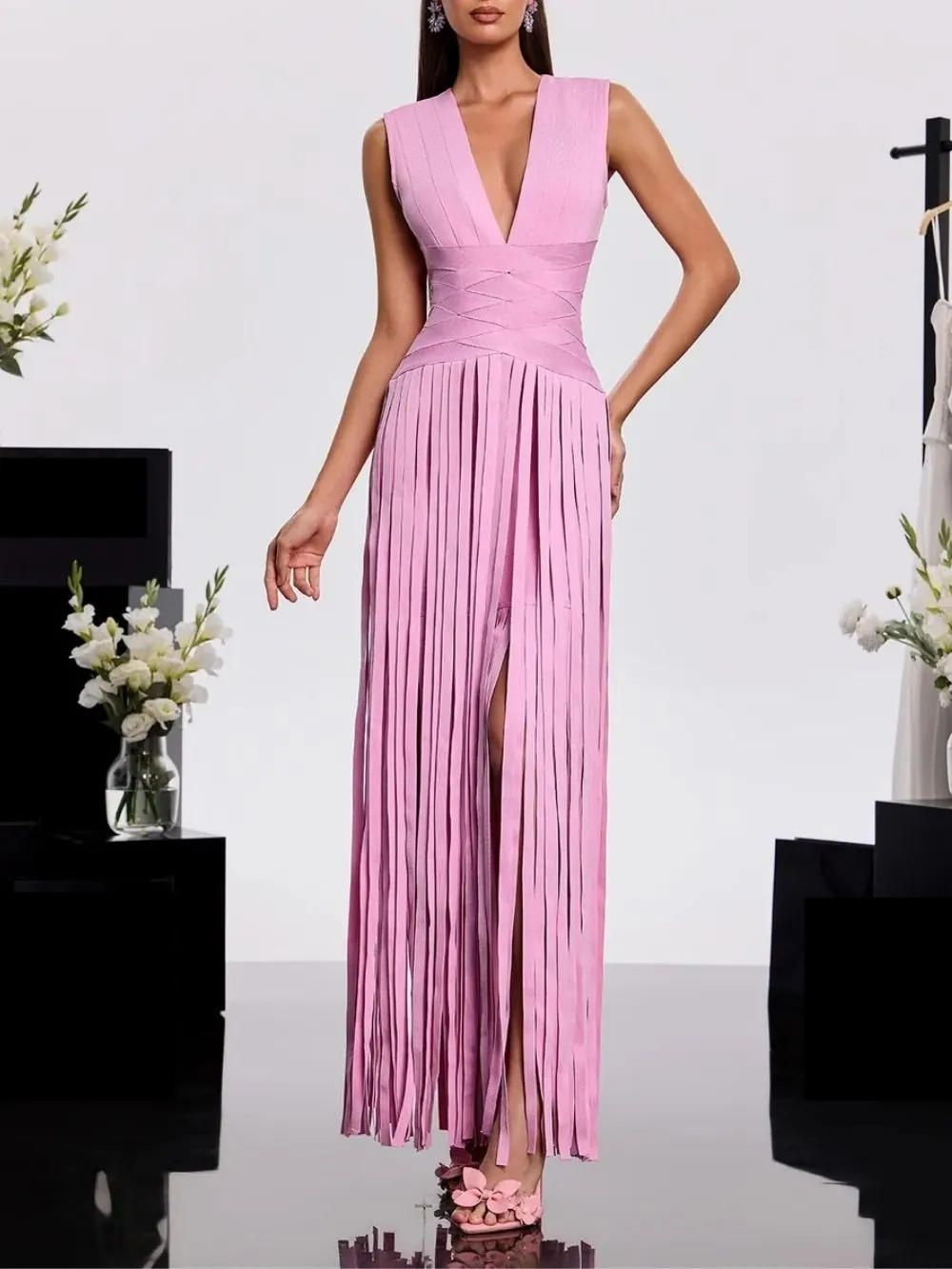 Hasika V Neck Fringe Bandage Dress - OWNCI Hasika V Neck Fringe Bandage Dress - OWNCI