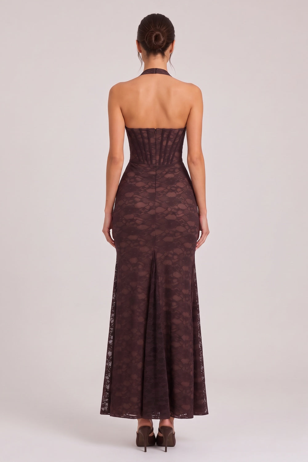 Dark Brown Floral Lace Mermaid Maxi Dress with Corset Bodice - OWNCI Dark Brown Floral Lace Mermaid Maxi Dress with Corset Bodice - OWNCI