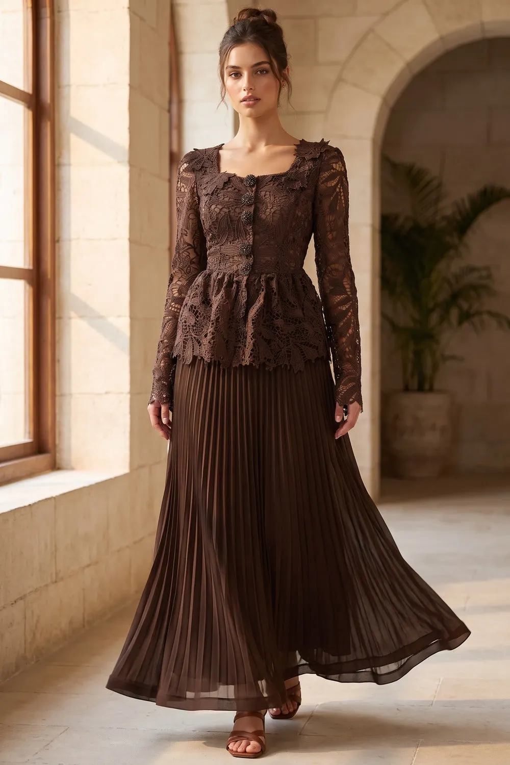 Dark Brown Guipure Lace Peplum Top & Pleated Maxi Skirt Two-Piece Set - OWNCI