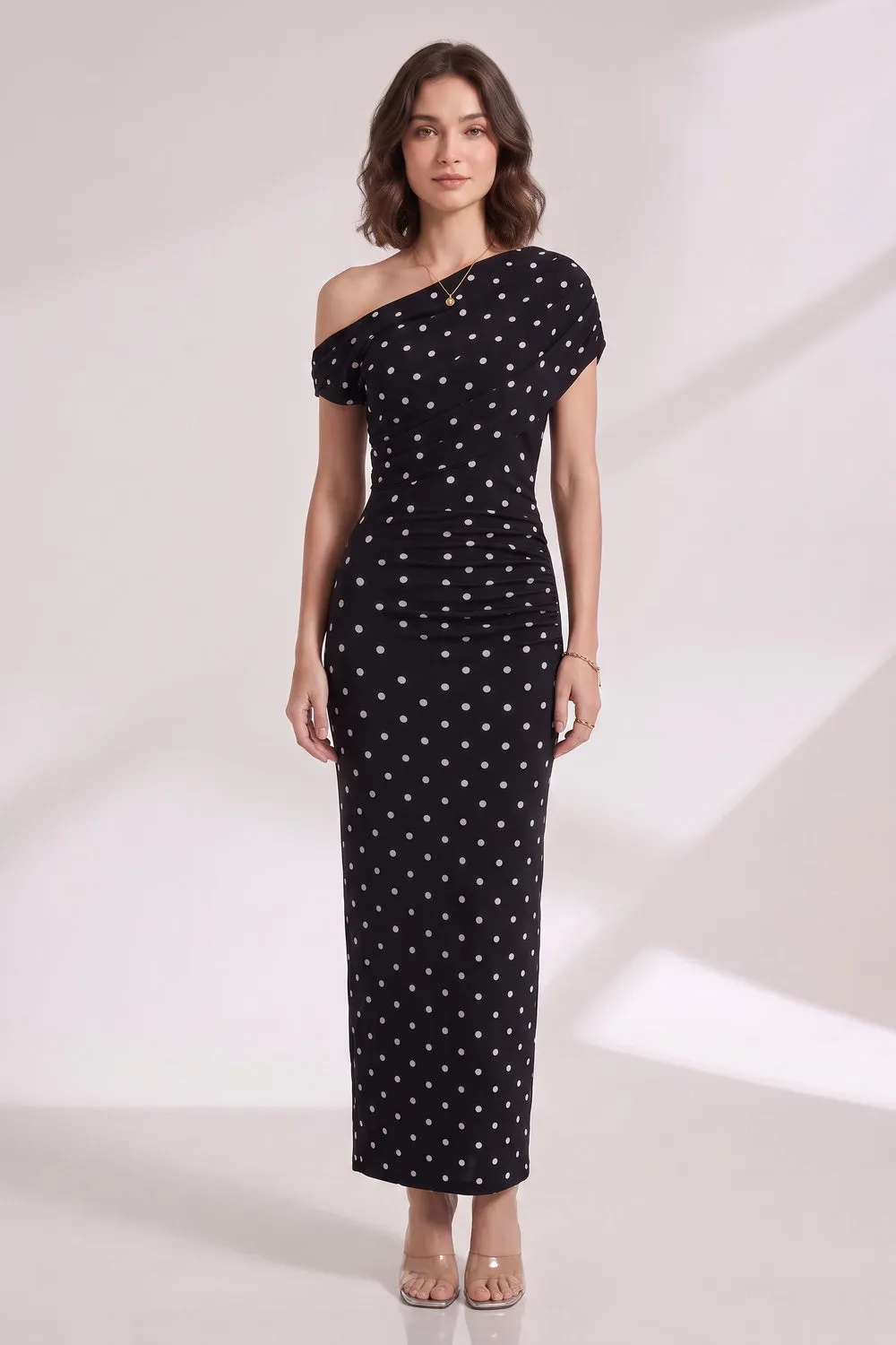 Black Polka Dot One-Shoulder Maxi Dress - OWNCI